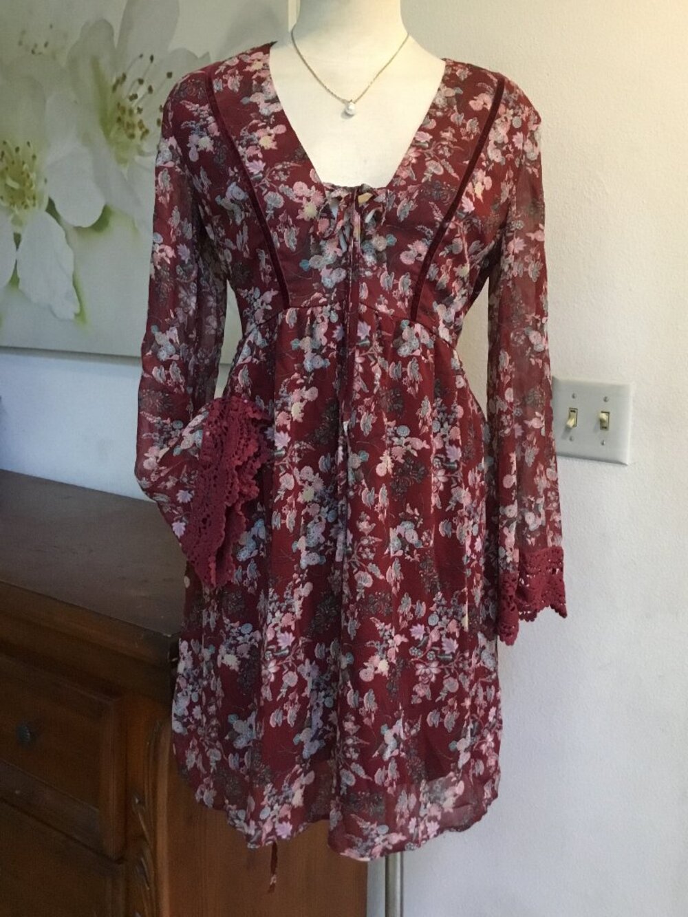 XHILARATION Casual Floral Printed Short Dress Long Sleeve Crochet Chiffon  S